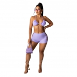 Purple Halter Sexy Hollow-out Women Short Sets
