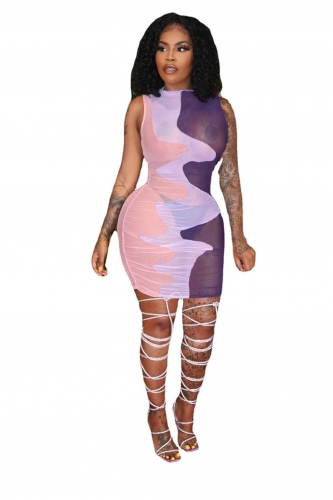 Pink Sleeveless O-Neck Mesh Printed Bodycons Mini Dress