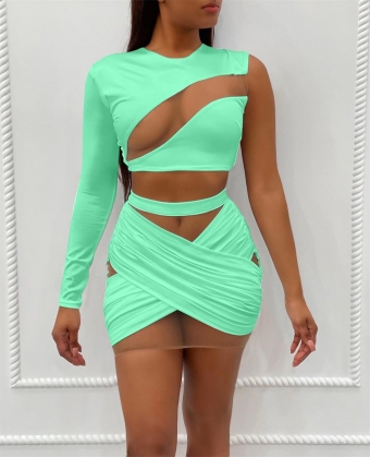 Green One-Sleeve Mesh Hollow-out Bandage Mini Dress