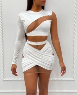 White One-Sleeve Mesh Hollow-out Bandage Mini Dress