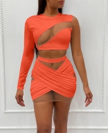 Orange One-Sleeve Mesh Hollow-out Bandage Mini Dress