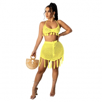 Yellow Sleeveless Halter Hollow-out Nets Party Dress