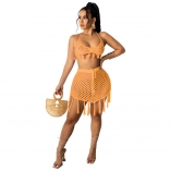 Orange Sleeveless Halter Hollow-out Nets Party Dress