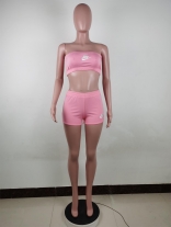 Pink Off-Shoulder Printed Fashion Sports Short Sets