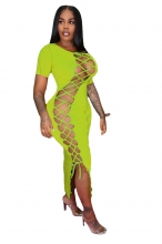 Green Short Sleeve Hollow-out Bandage Midi Dress