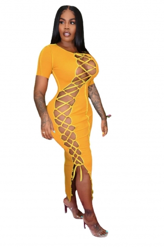 Yellow Short Sleeve Hollow-out Bandage Midi Dress