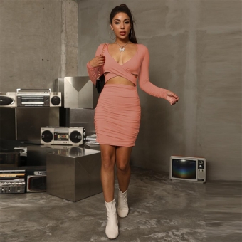 Pink Long Sleeve Low-Cut V-Neck Bodycons Sexy Mini Dress
