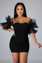 Black Off-Shoulder Foral Sleeve Mesh Bodycons Mini Dress