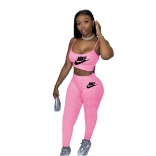 Pink Halter Low-Cut 2PCS Women Printed Sexy Jumpsuit
