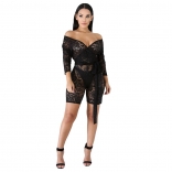 Black Long Sleeve V-Neck Lace Hollow-out Sexy Rompers