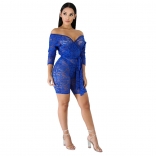 Blue Long Sleeve V-Neck Lace Hollow-out Sexy Rompers