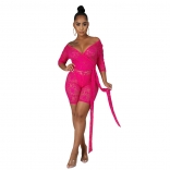 RoseRed Long Sleeve V-Neck Lace Hollow-out Sexy Rompers