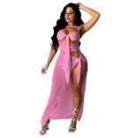 Pink Sleeveless Hollow-out Bandage Mesh Maxi Dress
