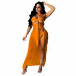 Orange Sleeveless Hollow-out Bandage Mesh Maxi Dress