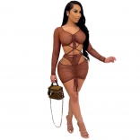 Brown Long Sleeve Hollow-out 2PCS Mesh Sexy Clubwear
