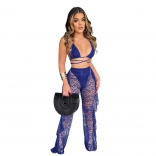 Blue Sleeveless Deep V-Neck Lace Hollow-out Women Jumpsuit