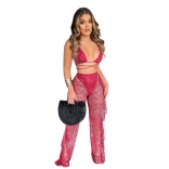 Red Sleeveless Deep V-Neck Lace Hollow-out Women Jumpsuit