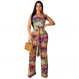 Red Sleveeless Boat-Neck Printed Women Jumpsuit