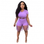 Purple Short Sleeve 2PCS Women Party Pant Sets