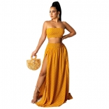 Yellow Off-Shoulder Sleeveless Printed Point 2PCS Women Maxi Dress
