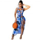 Blue Sleeveless V-Neck Knot Printed Hollow-out Sexy Maxi Dress