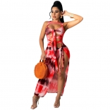 Red Sleeveless V-Neck Knot Printed Hollow-out Sexy Maxi Dress