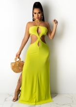 Yellow Off-Shoulder Sleeveless Halter Sexy Women Maxi Dress