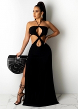 Black Off-Shoulder Sleeveless Halter Sexy Women Maxi Dress