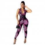 Pink Sleeveless Deep V-Neck Printed Lace-up Sexy Jumpsuit