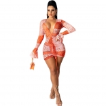 Orange Long Sleeve Deep V-Neck Printed Multi Mini Dress