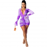 Purple Long Sleeve Deep V-Neck Printed Multi Mini Dress