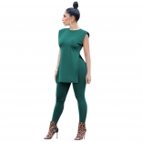 Green Sleeveless O-Neck Slit Women 2PCS Jumpsuit