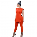 Orange Sleeveless O-Neck Slit Women 2PCS Jumpsuit