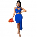 Blue Sleeveless Hollow-out Bandage Sexy Mini Dress