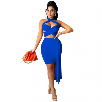 Blue Sleeveless Hollow-out Bandage Sexy Mini Dress