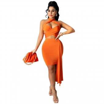 Orange Sleeveless Hollow-out Bandage Sexy Mini Dress