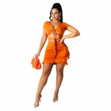 Orange Short Sleeveless V-Neck Foral Women Mini Dress