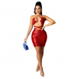 Red Sleeveless Hollow-out Bandage Women Sexy Mini Bodycon Dress