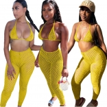 Yellow Sleeveless Low-Cut 2PCS Hollow-out Nets Clubwear