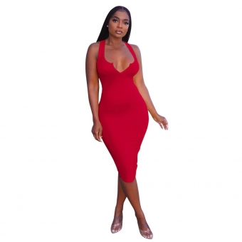 Red Halter Low-Cut V-Neck Women Bodycons Midi Dress