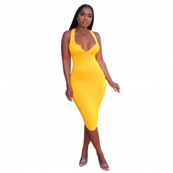 Yellow Halter Low-Cut V-Neck Women Bodycons Midi Dress