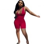 Red Sleeveless Low-Cut Deep V-Neck Women Sexy Club Rompers