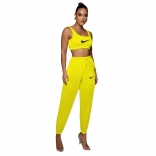 Yellow Halter Low-Cut Printed 2PCS Women Sport Dress
