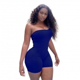 Blue One-Shoulder Low-Cut Cottons Bodycons Sexy Rompers