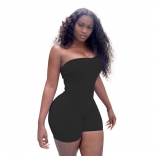 Black One-Shoulder Low-Cut Cottons Bodycons Sexy Rompers
