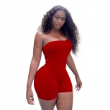 Red One-Shoulder Low-Cut Cottons Bodycons Sexy Rompers