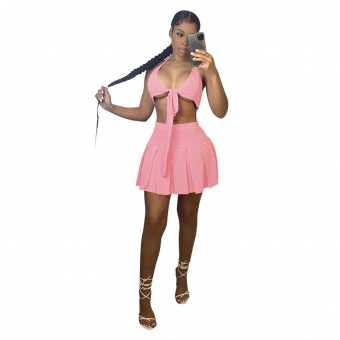 Pink Sleeveless Low-Cut Women Sexy Skirt Set