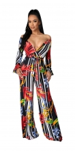 Red Long Sleeve V-Neck Women Sexy Printed Jumpsuit Dress