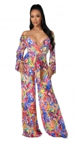 Pink Long Sleeve V-Neck Women Sexy Printed Jumpsuit Dress
