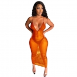 Orange Halter Sexy V-Neck Mesh Midi Dress